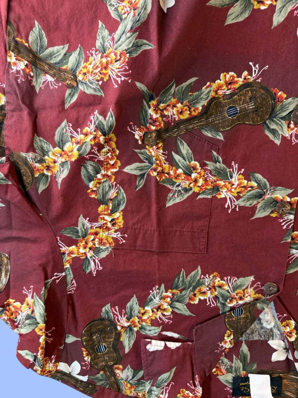 Vintage Bishop St. Apparel Men's XL Hawaiian Shirt Ukulele Floral Print Red - Picture 8 of 8